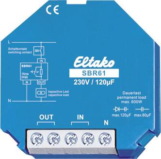 Modré zařízení s nápisem 'Eltako SBR61', navržené pro 230V a 120µF. Zobrazuje zapojovací schémata pro elektrikáře.