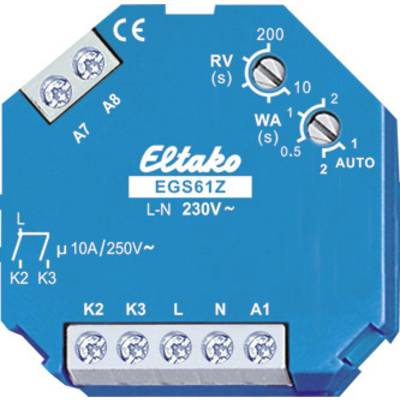 Modrý Eltako EGS61Z relé s přípojkami a nastavitelnými regulátory pro RV a WA. Napětí: 230V, proud: 10A.
