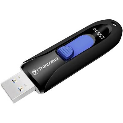 Černý USB flash disk značky Transcend s kapacitou 256 GB a modrým posuvným ovladačem pro vysunutí a zasunutí konektoru.
