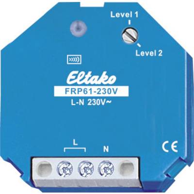 Modrý rádiový signálový repeater od Eltako, model FRP61-230V, s přípojkami, úrovňovým přepínačem a označením CE.
