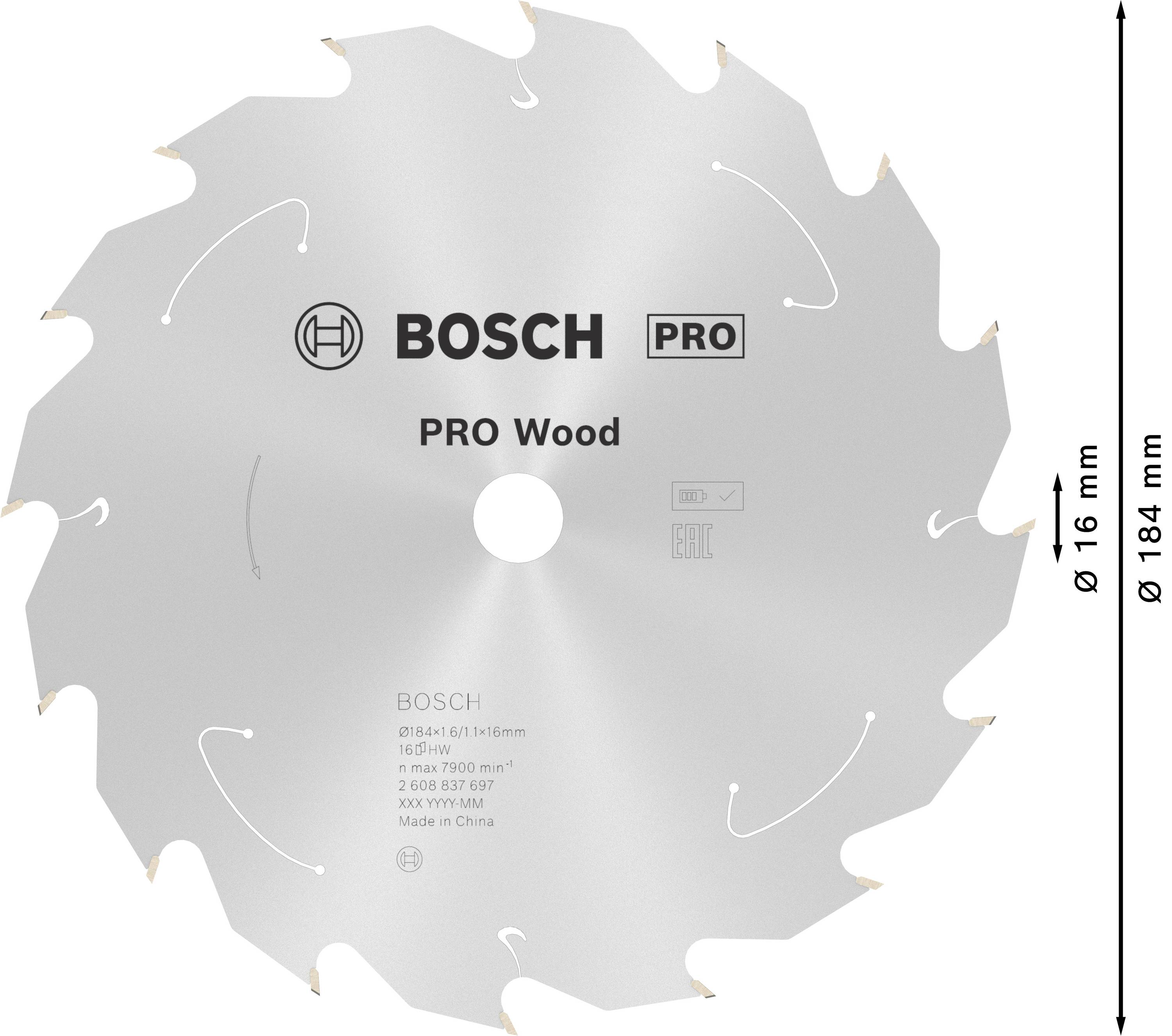 Pilový kotouč s nápisem 'BOSCH PRO Wood', průměr 184 mm, 16 zubů, otvor 16 mm. Stříbrný kov.