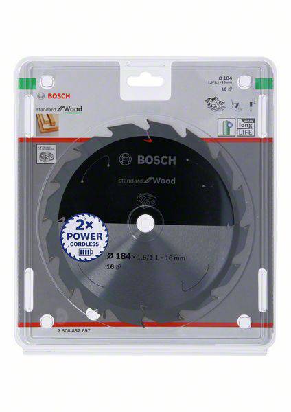 Pilový kotouč Bosch v balení, vhodný pro dřevo. Průměr 184 mm, obsahuje upozornění '2x Power Cordless'.