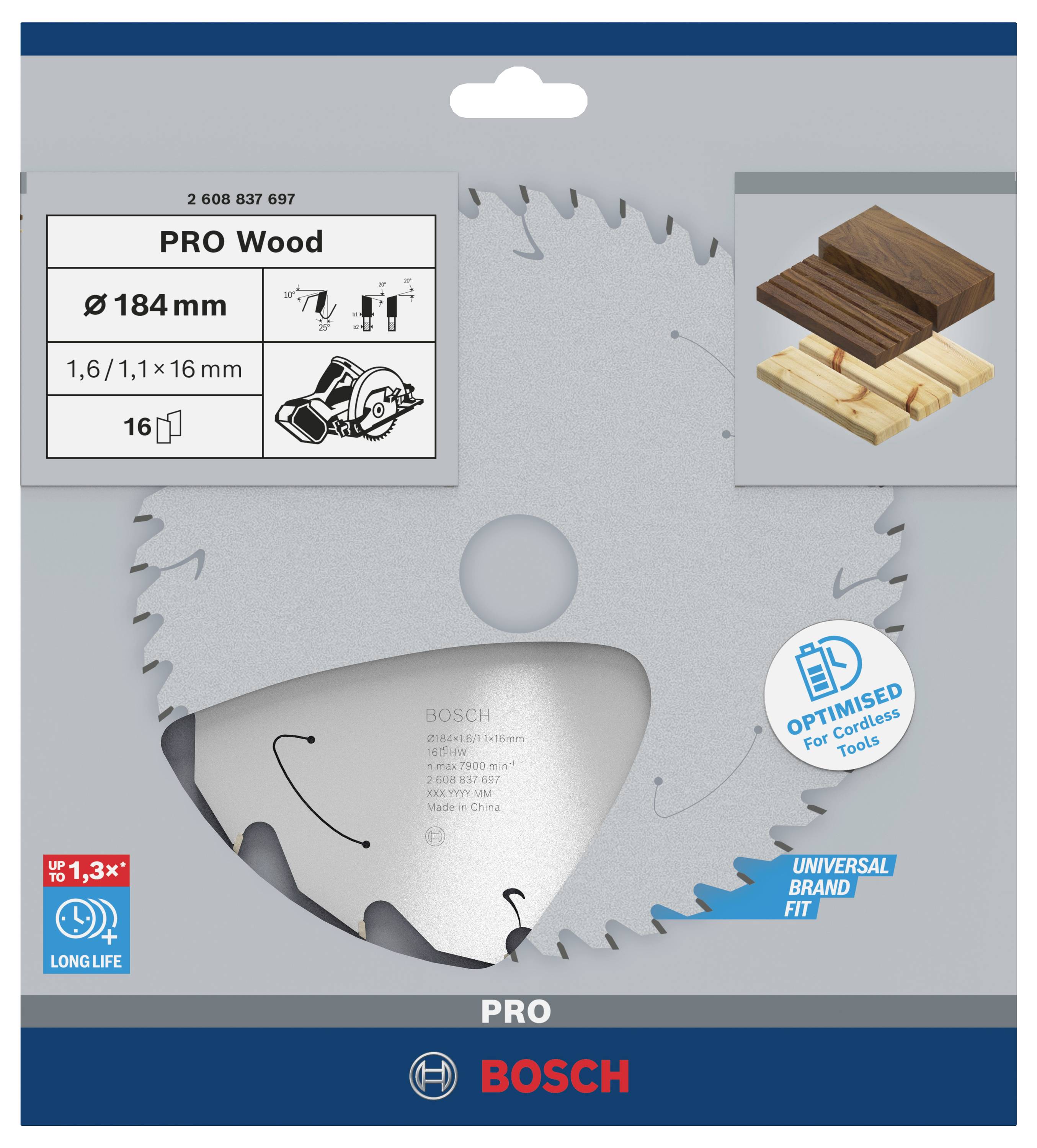 Pilový kotouč na dřevo v obalu, vhodný pro bezdrátové nářadí, průměr 184 mm, optimalizovaný pro delší životnost.