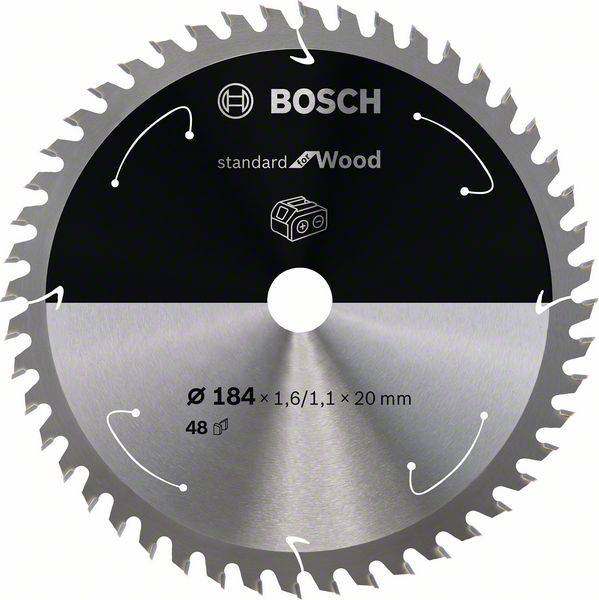 Pilový kotouč Bosch na dřevo, průměr 184 mm, 48 zubů, vhodný pro přesné řezy dřevěnými materiály.