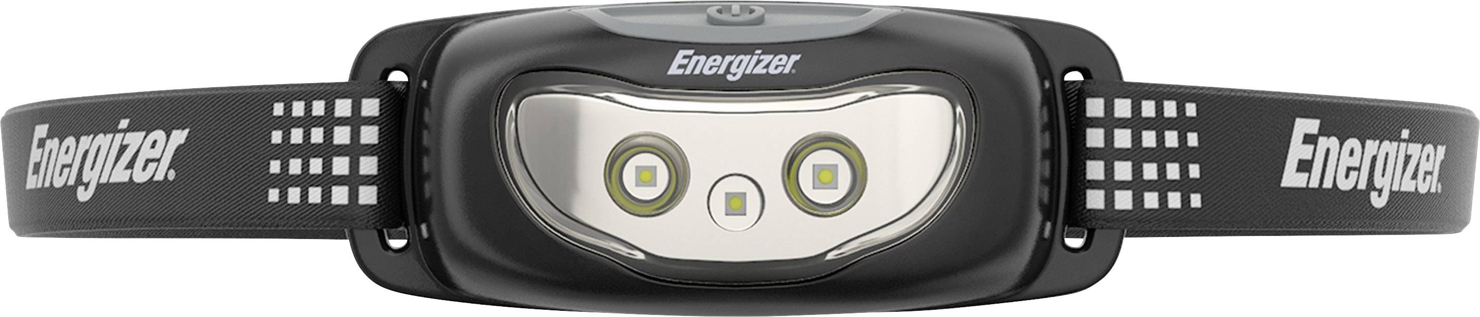 Černá čelová svítilna Energizer s nastavitelným páskem, vybavená dvěma LED diodami a centrálním tlačítkem.