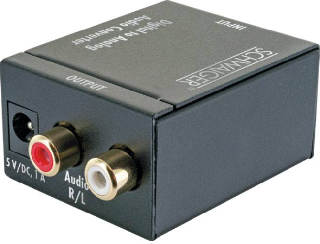 Digitálně-analogový audio konvertor se vstupními a výstupními porty, vhodný pro domácí audiosystémy, označený logem 'Schwaiger'.