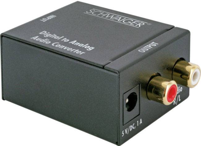Digitálně-analogový audio konvertor Schwaiger, s RCA výstupy a vstupem pro napájení 5V/DC, 1A.