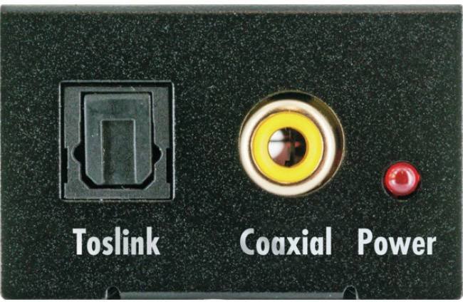 Konektory na audio zařízení: optický Toslink, koaxiální konektor a indikátor napájení LED.