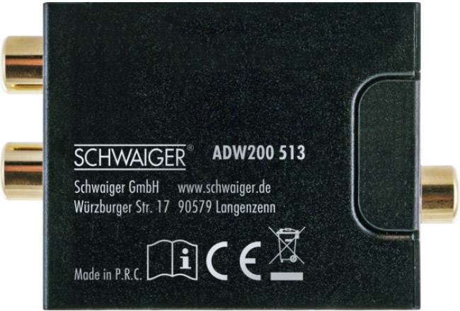 Černý anténní adaptér od společnosti Schwaiger s modelovým číslem ADW200 513. Zobrazuje adresu firmy, webové stránky a 'Vyrobeno v ČLR'.