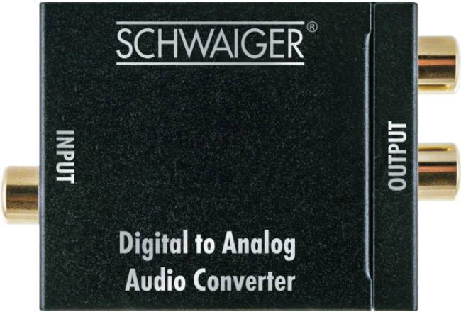 Digitálně-analogový audio konvertor od Schwaigeru zobrazuje vstupní a výstupní konektory.