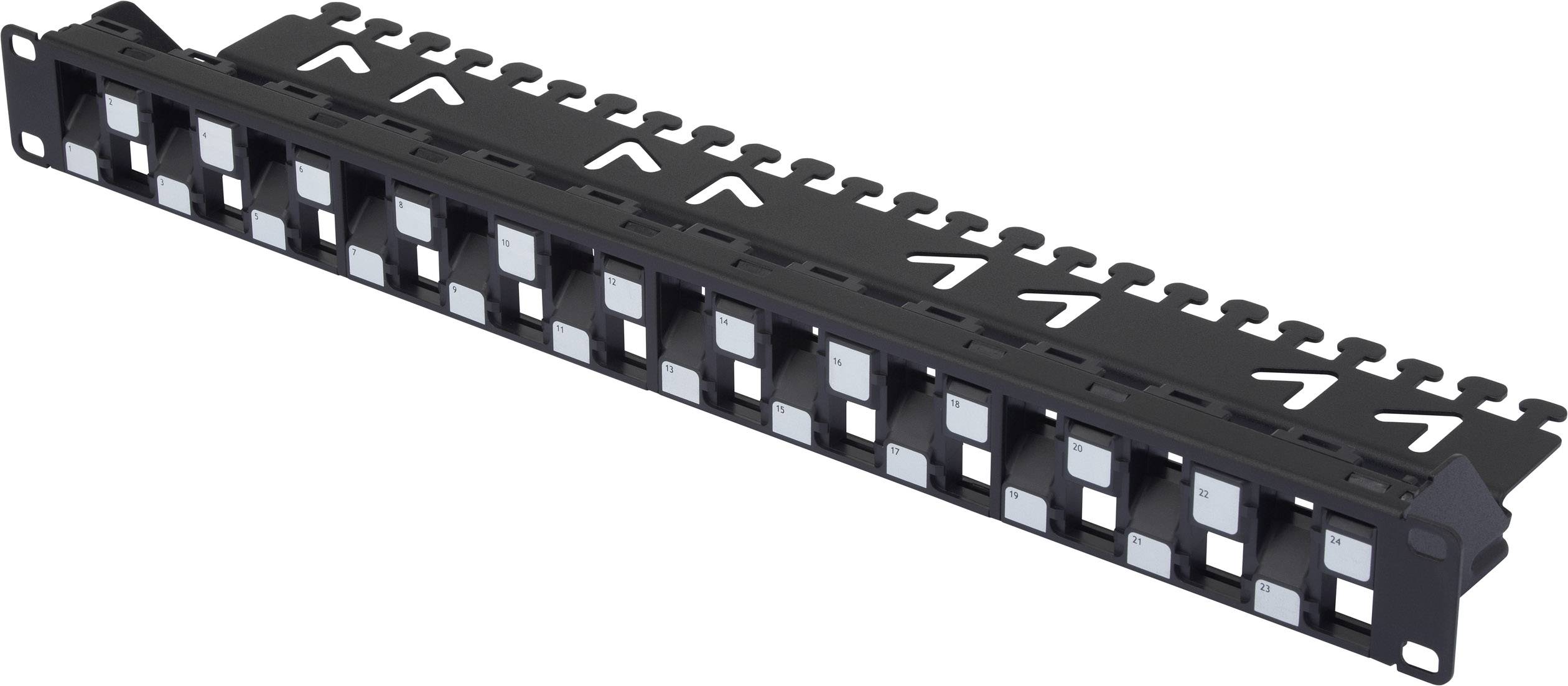 Patch panel se 24 porty pro organizaci kabeláže v síťových racích, vhodný pro propojení a správu ethernetových kabelů.