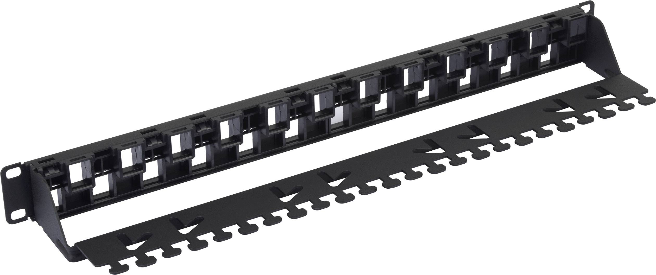 Prázdný kovový patch panel s několika porty určený pro správu a organizaci síťových připojení v serverovně.
