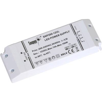 LED driver SNP200-12VL pro 200-240VAC, 50/60Hz. Výstup: 12VDC, 15A, max. 180W. Vhodný pro vnitřní použití do 80°C.
