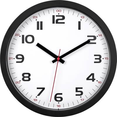 Analogové nástěnné hodiny s černým rámečkem ukazují 10:10. Bílé hodiny s černými ručkami pro hodiny a minuty, červenou vteřinovou ručkou.