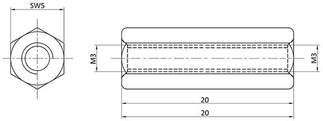 Technický výkres distančního dílu s rozměry: délka 20 mm, průměr závitu M3, šířka klíče SW5. Pohled shora a boční pohled.