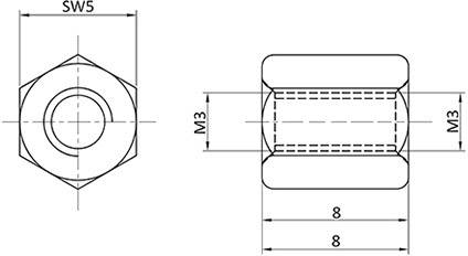 Výkres šestihranné matice, rozměry: M3, klíč 5, délka a šířka 8 mm. Pohled shora a z boku, technické detaily zvýrazněny.