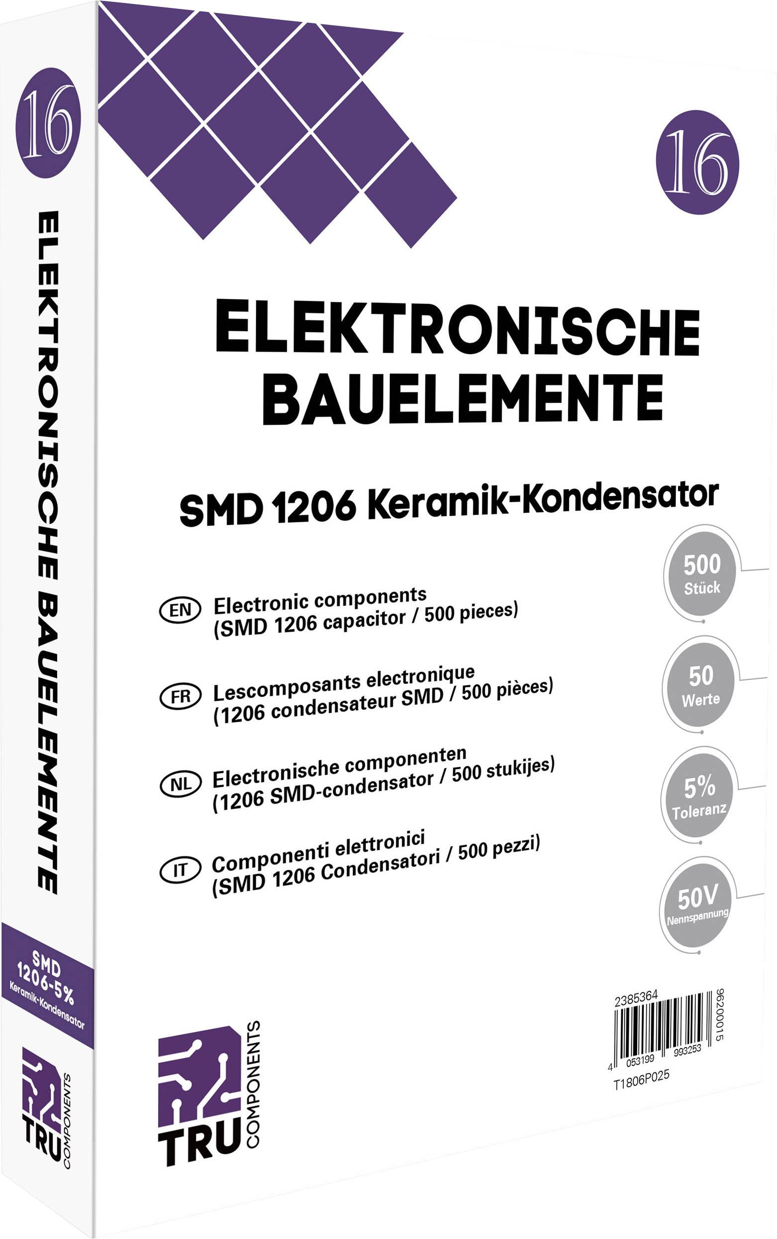 Balení SMD 1206 keramického kondenzátoru s 500 kusy; 50 voltů, 50 hodnot. Popisy v němčině, angličtině, francouzštině, holandštině, italštině.