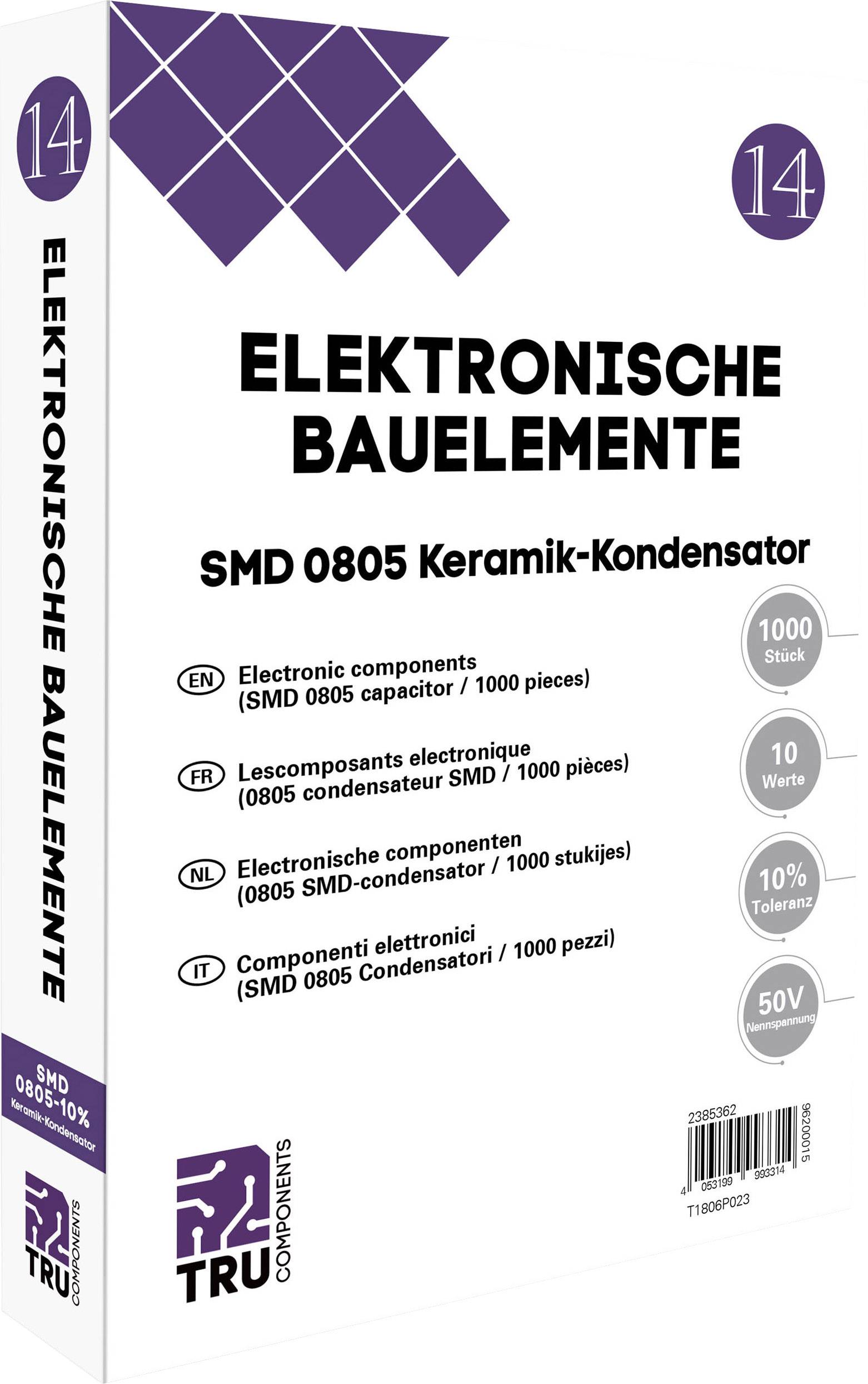 Elektronické SMD komponenty 0805 keramický kondenzátor. Balení obsahuje 1000 kusů, 10 hodnot, tolerance 10%, 50V.