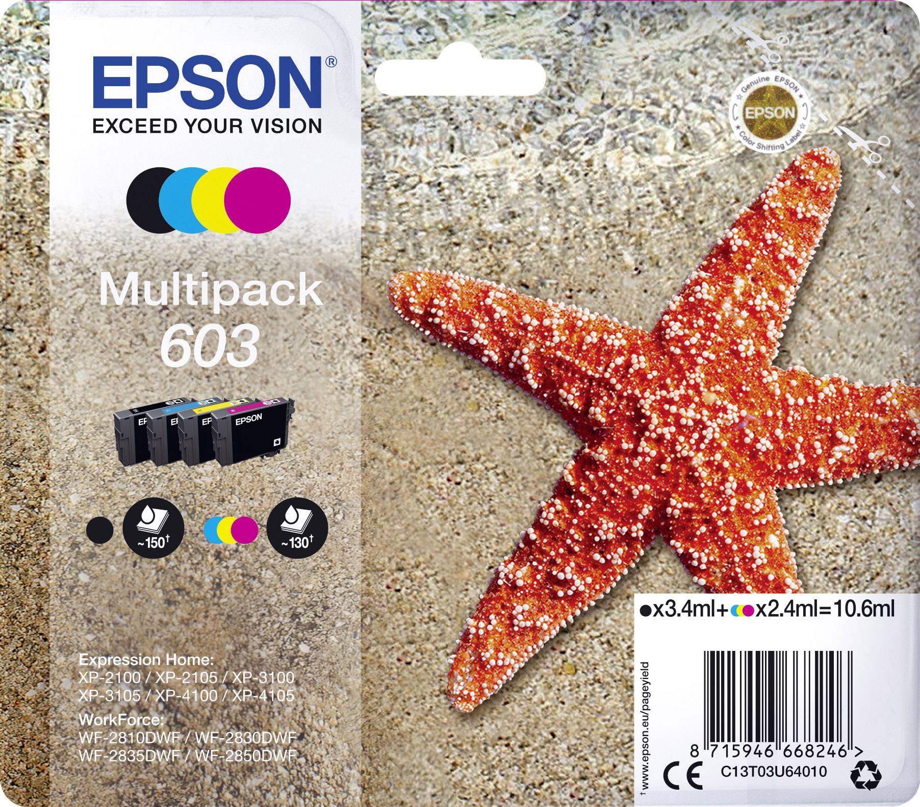 Obal inkoustových kazet Epson 'Multipack 603' zobrazuje oranžovou mořskou hvězdici. Obsahuje černé, azurové, purpurové a žluté inkoustové kazety.