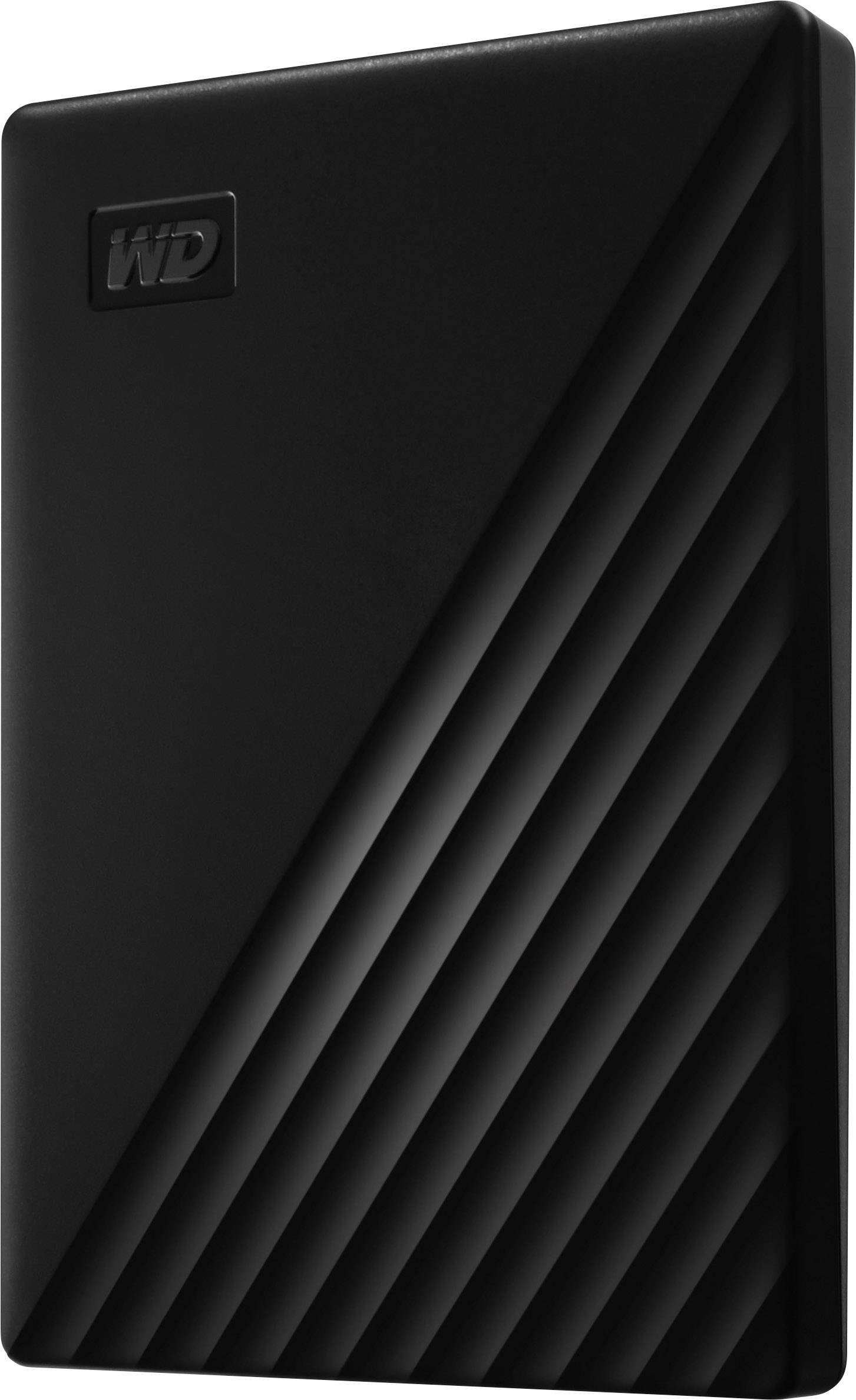 Externí černý externí pevný disk s diagonálními čarami na povrchu.
