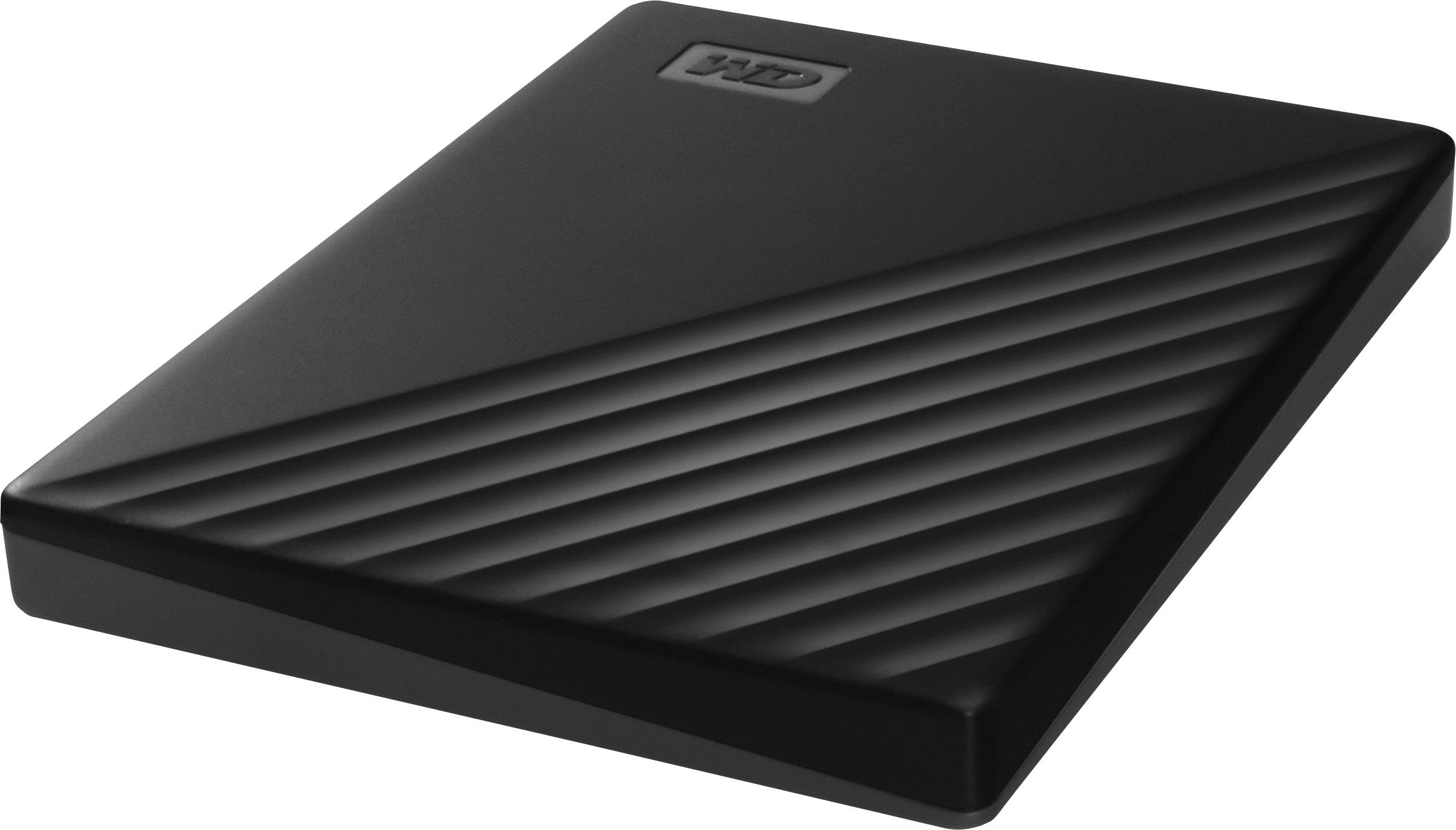 Černý externí pevný disk s hladkým povrchem a diagonálními pruhy. Logo značky nahoře. Ideální pro ukládání dat.