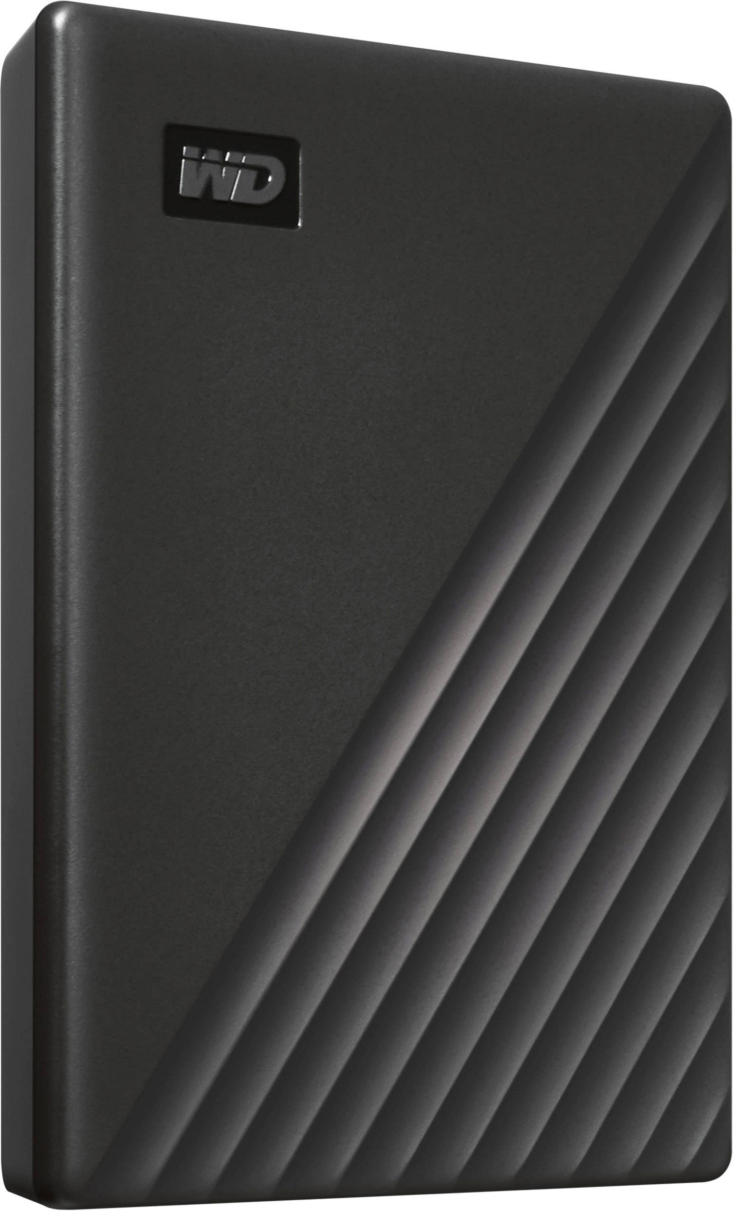 Externí pevný disk v černém pouzdře s diagonálními pruhy a logem 'WD' v levém horním rohu.