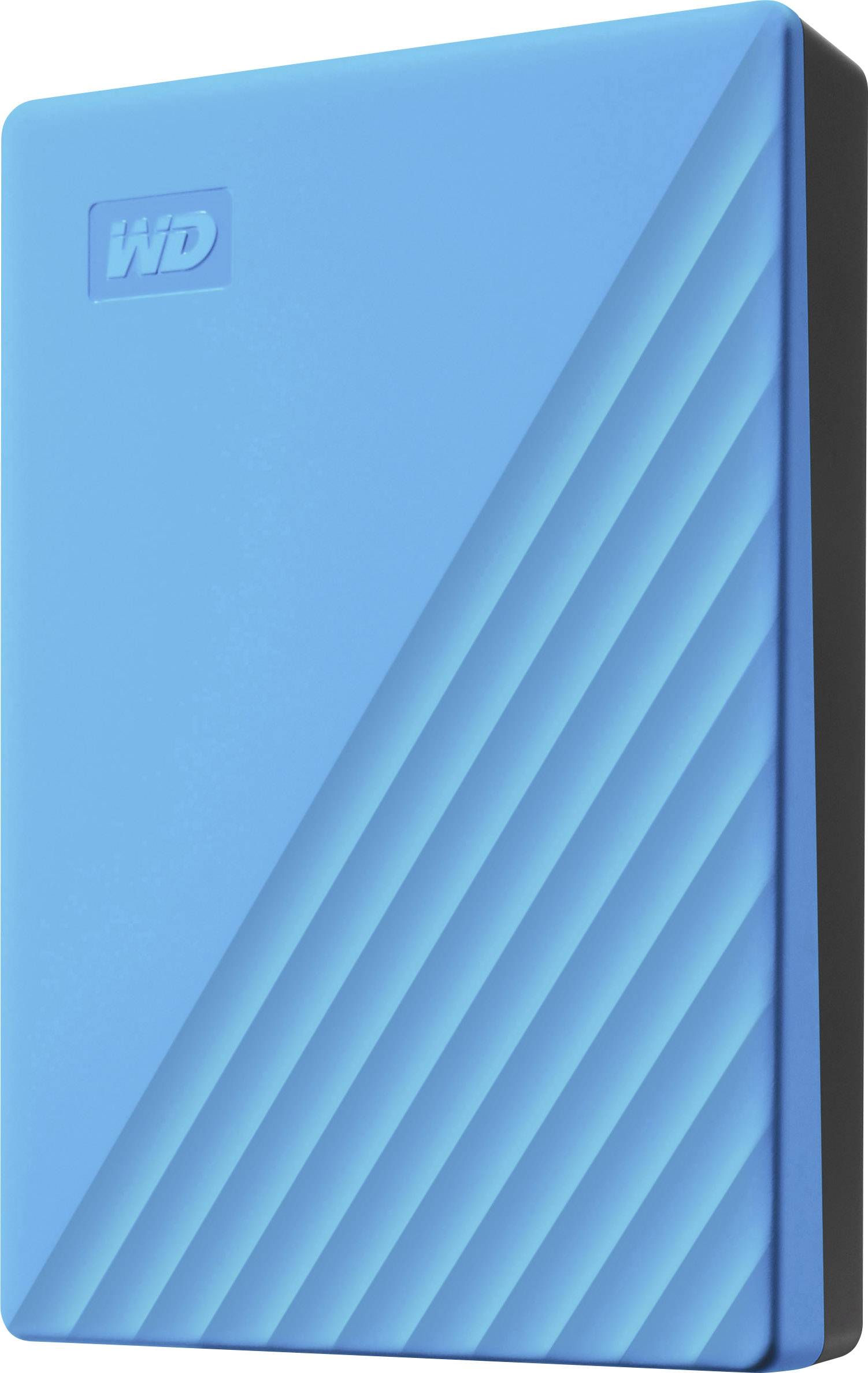 Externí modrý přenosný pevný disk s logem 'WD', diagonální lineární struktura na povrchu.