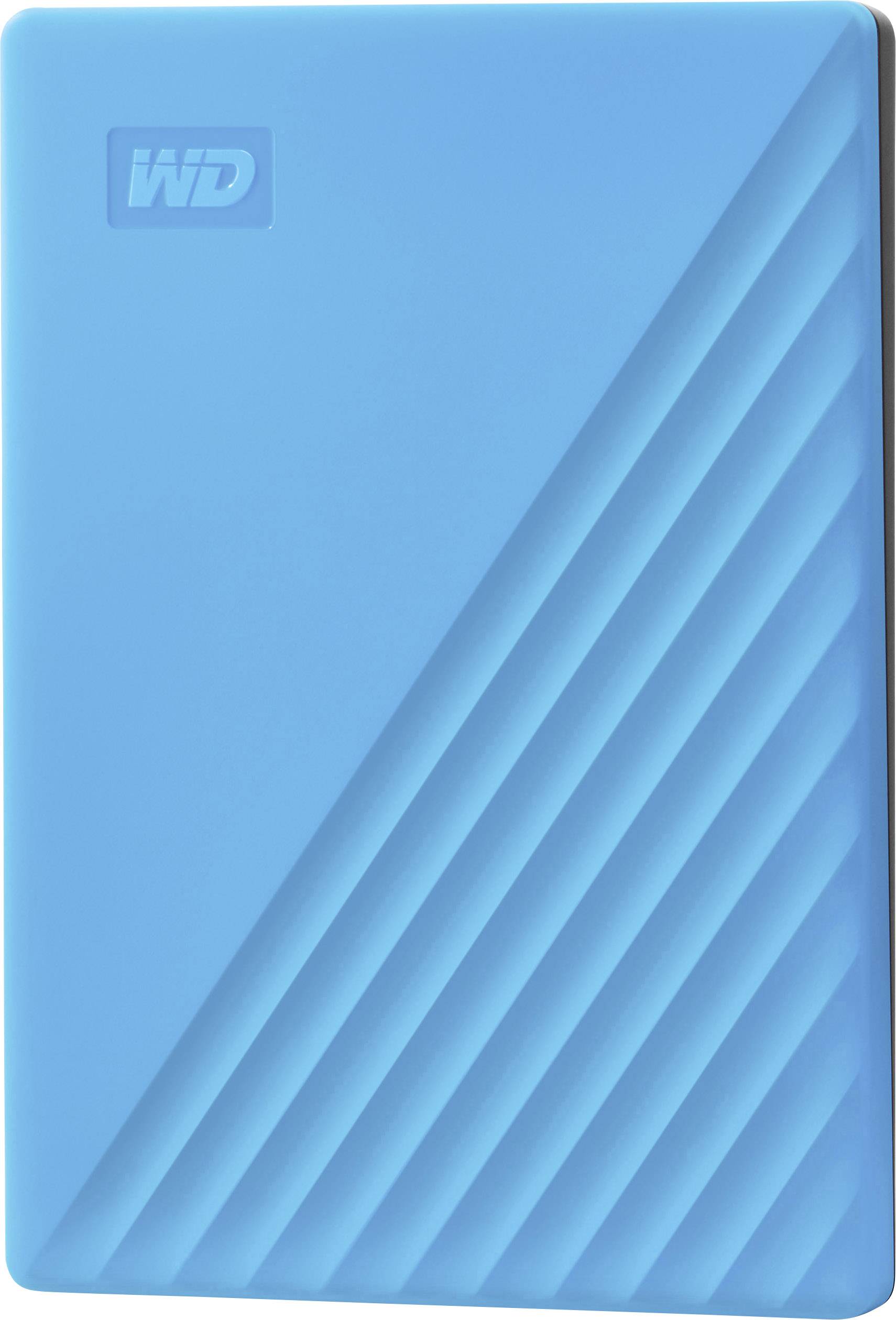 Modrý externí hard disk s diagonálním pruhovaným vzorem a logem 'WD' v levém horním rohu.