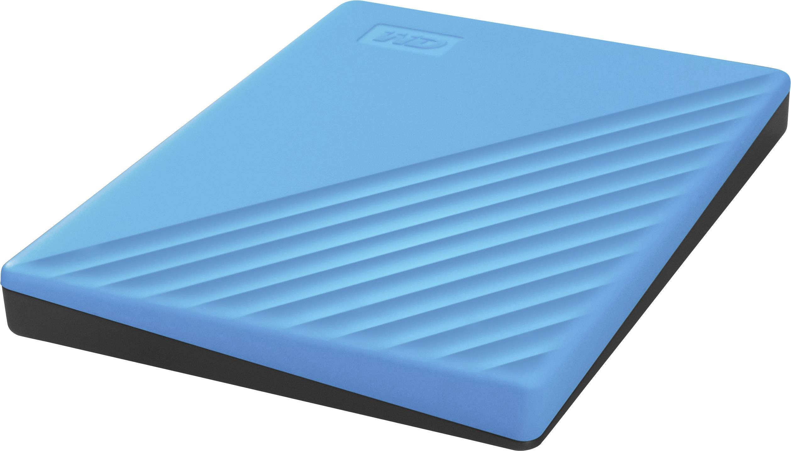 Externí modrý externí hard disk s diagonálním vzorem drážek na povrchu, používaný pro ukládání a zálohování dat.