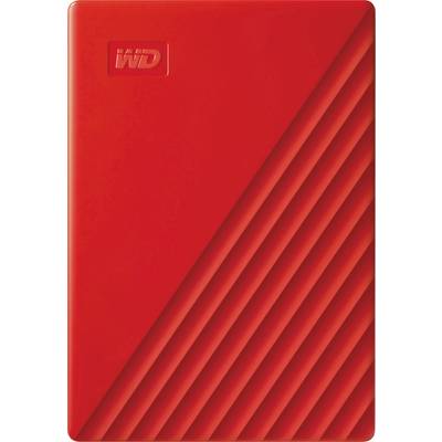 Červená externí pevný disk s diagonálními čárami a logem WD vlevo nahoře.