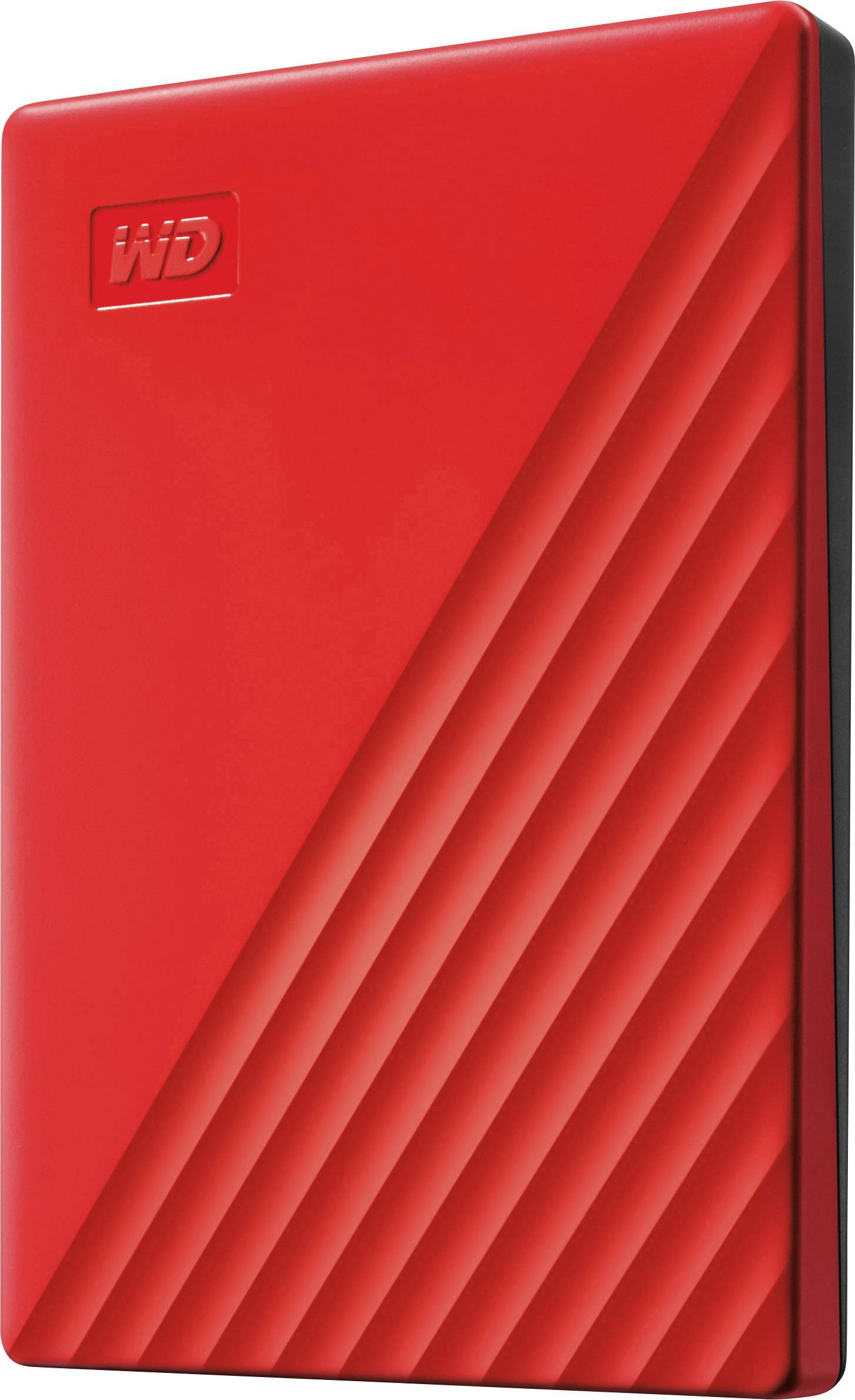 Externí červený externí hard disk s diagonálními drážkami a logem 'WD' vlevo nahoře.