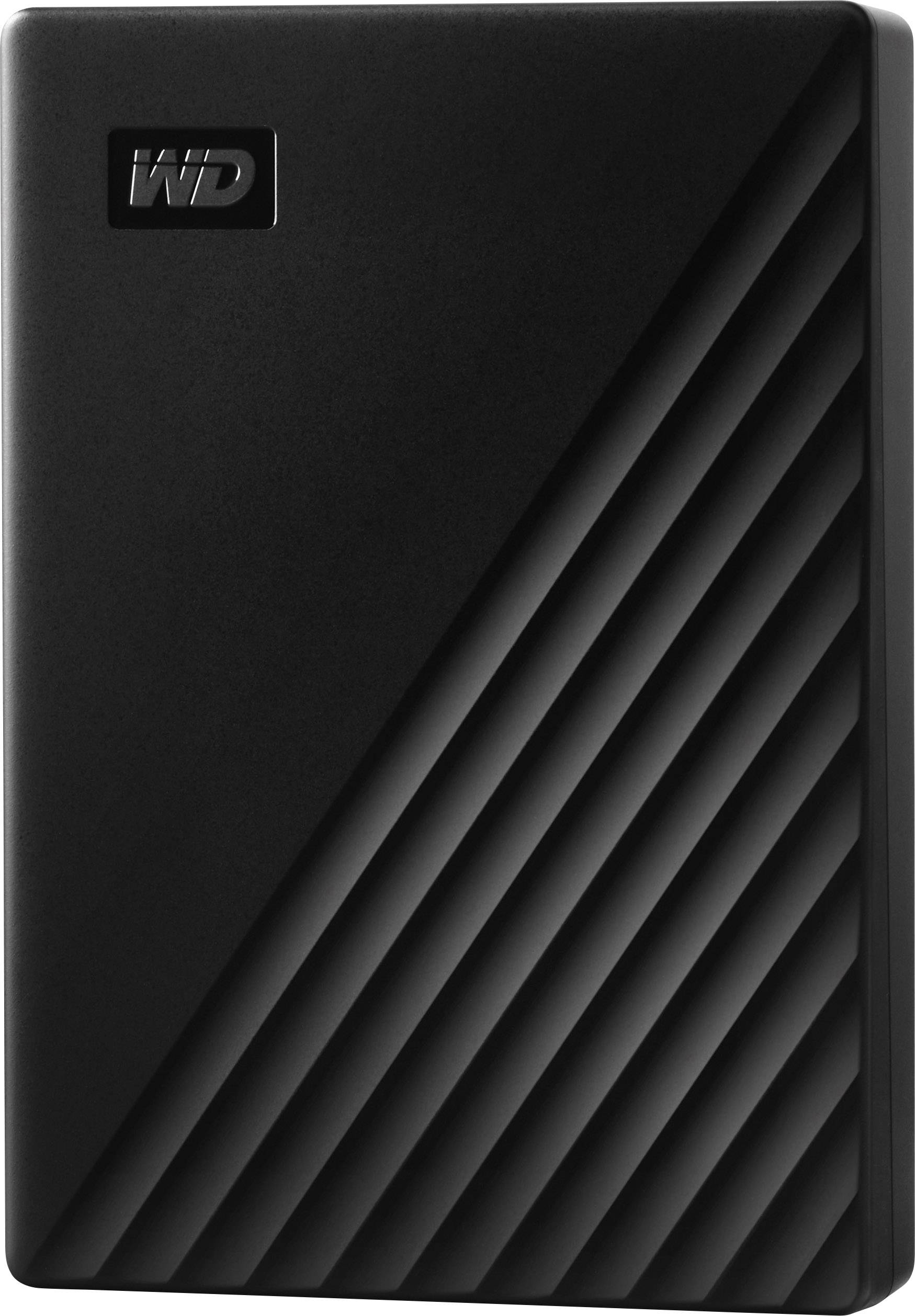 Externí černý pevný disk s vroubkovaným designem a logem WD vlevo nahoře.