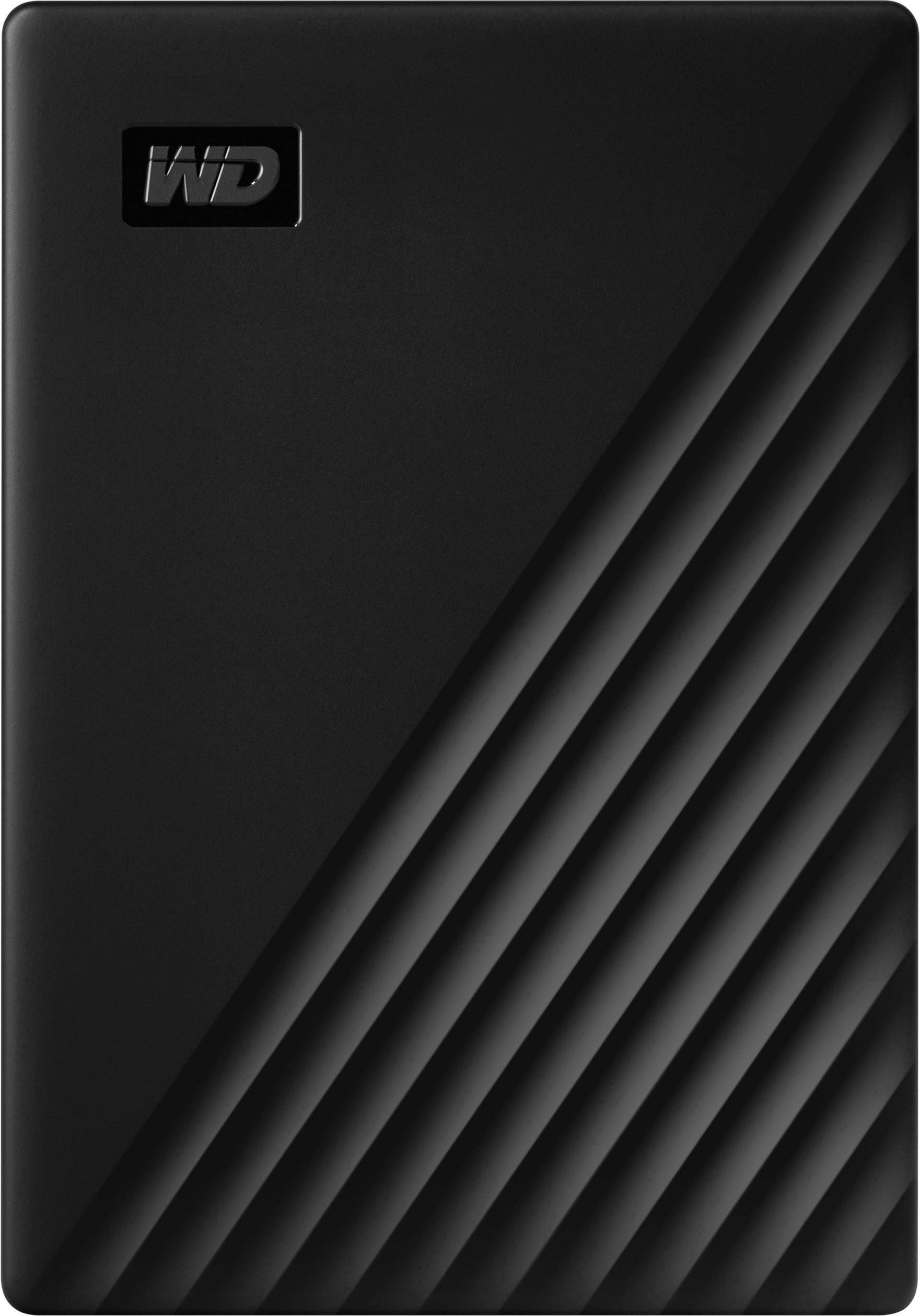 Černý externí hard disk s diagonálními linkami a logem 'WD' vlevo nahoře.