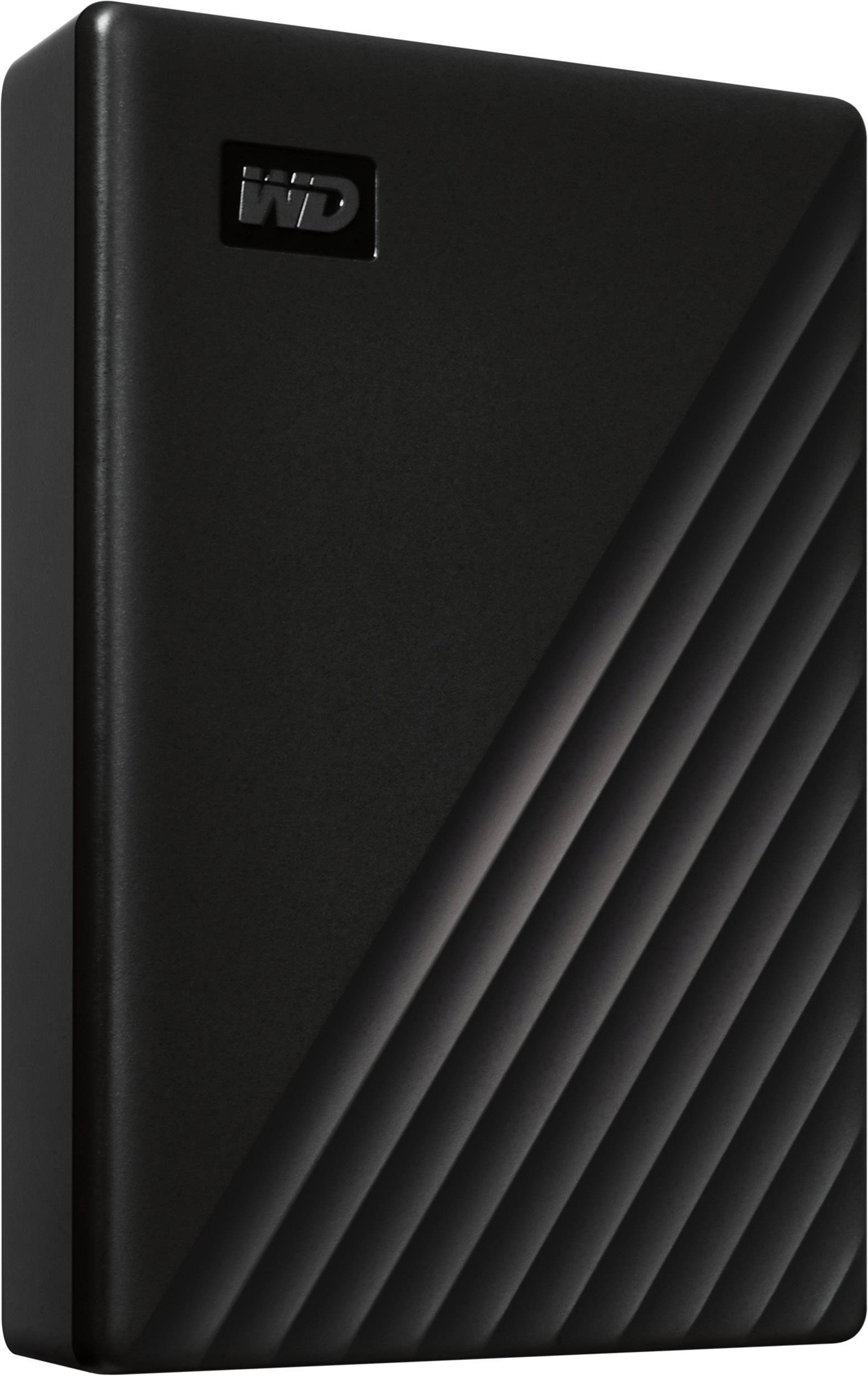 Externí pevný disk od WD v černé barvě s nenápadným designem a vroubkovanými liniemi.
