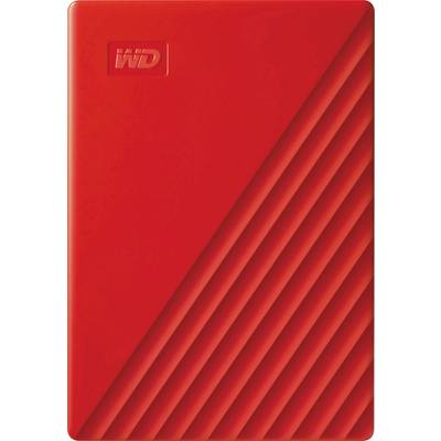 Červená externí pevný disk s diagonálními strukturovanými linkami na jedné polovině.