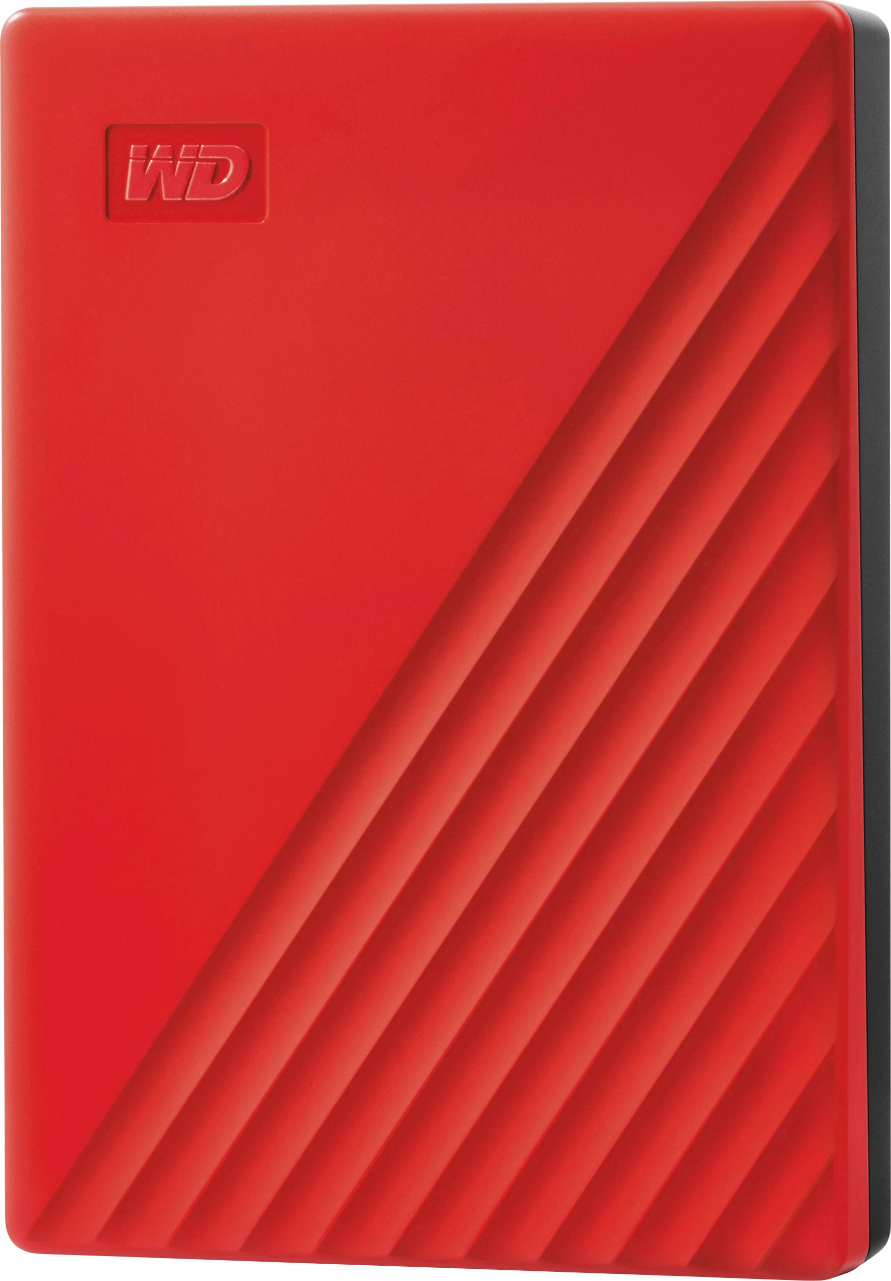 Červený externí pevný disk s diagonálními linkami na pravé straně. V levém horním rohu je umístěno logo značky.