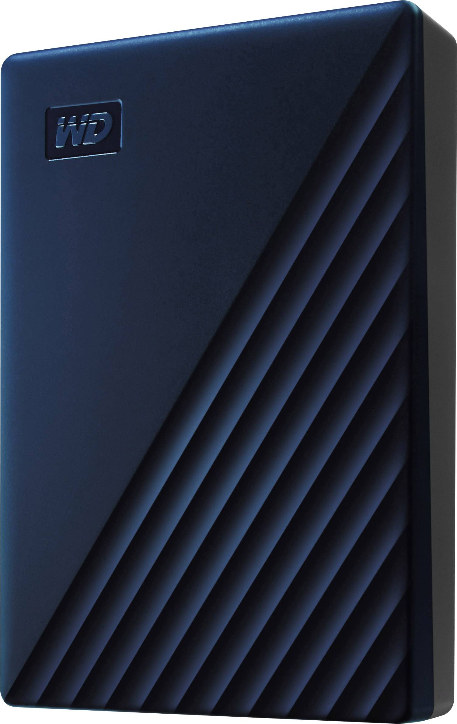 Externí pevný disk v černém pouzdře s diagonálními linkami a logem značky v levém horním rohu.