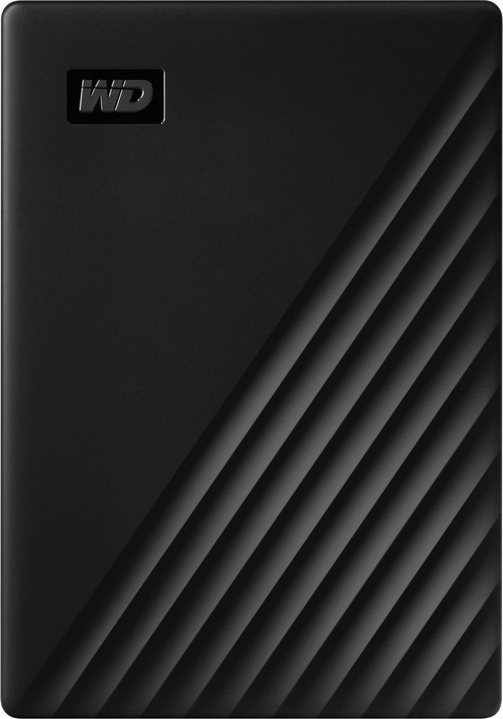 Externí černý pevný disk s vroubkovaným designem a logem 'WD' v levém horním rohu.