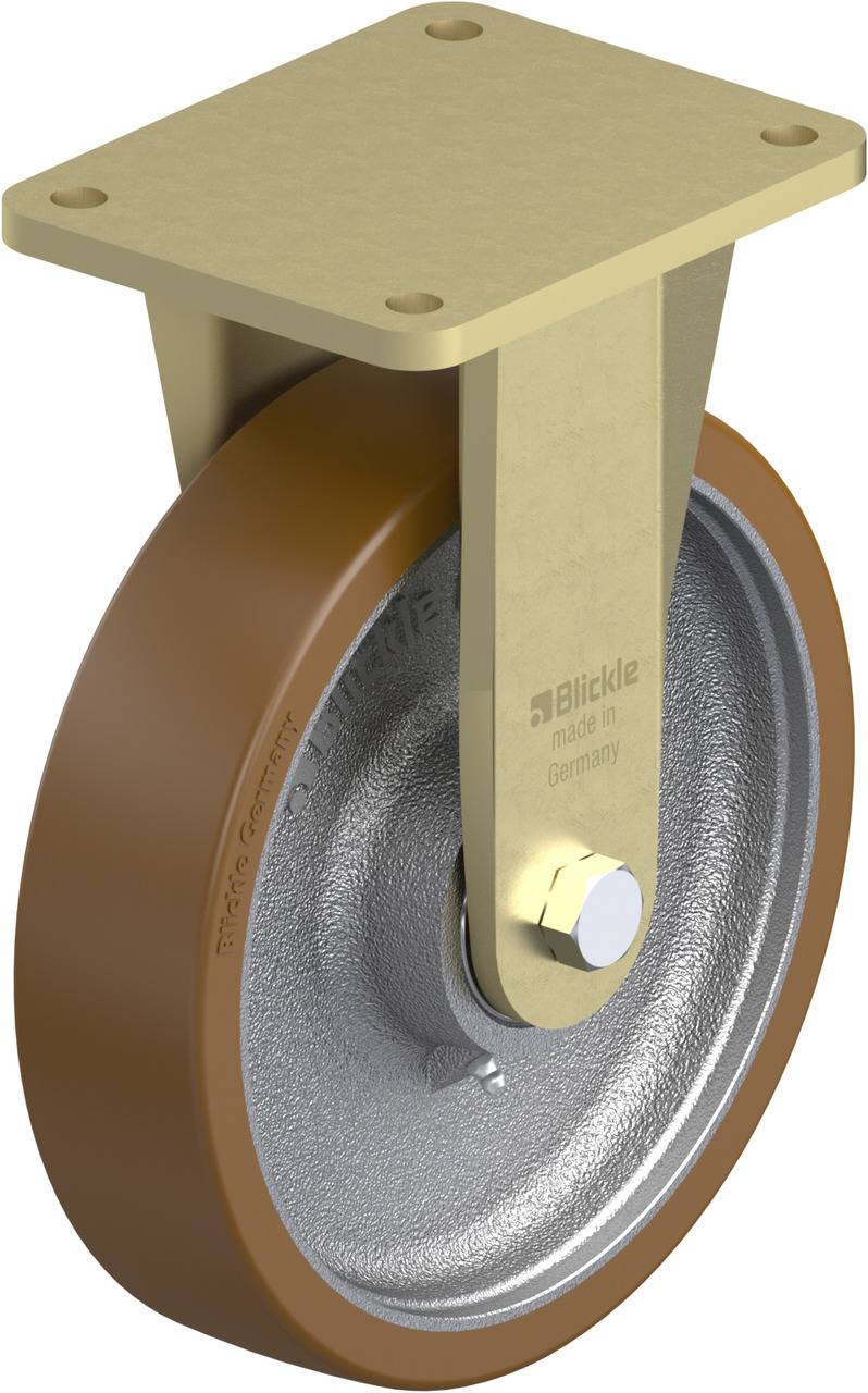 Hnědé kolo z kovu a plastu se zlatou konzolí, pohled z boku. Označené nápisem 'Blickle Made in Germany'.