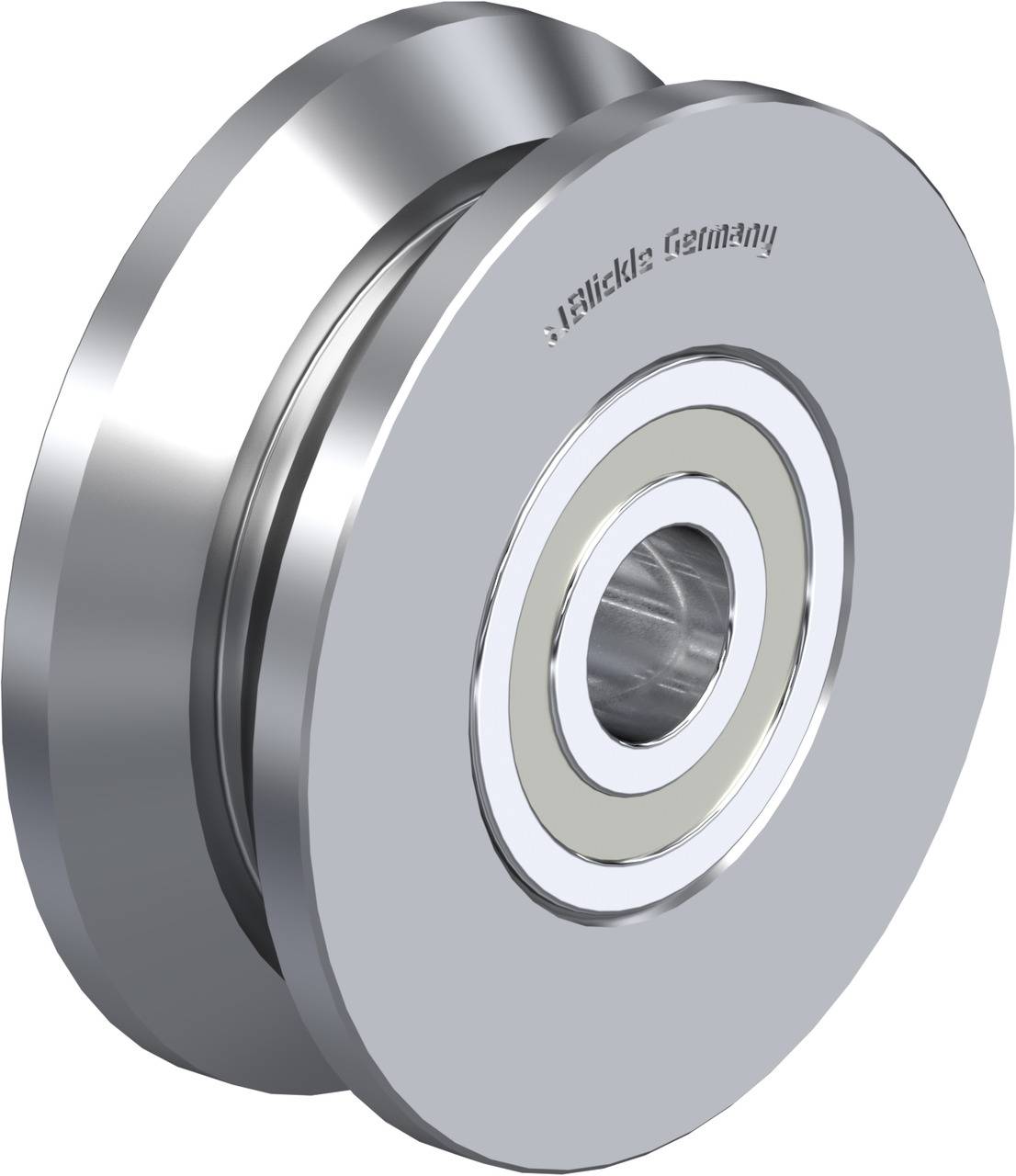 Kovový váleček s kuličkovým ložiskem a stříbrným povrchem. Text 'Germany' vyryto. Vhodné pro průmyslové aplikace.