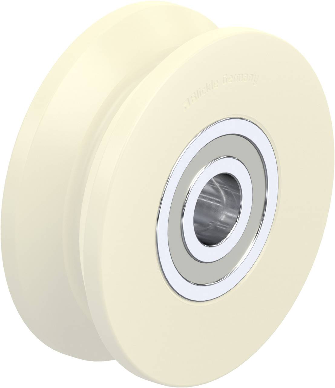 Dvouflanžový váleček s kuličkovým ložiskem, krémové barvy, vhodný pro posuvné dveřní systémy; zobrazuje detaily ložiska a konstrukčního provedení.