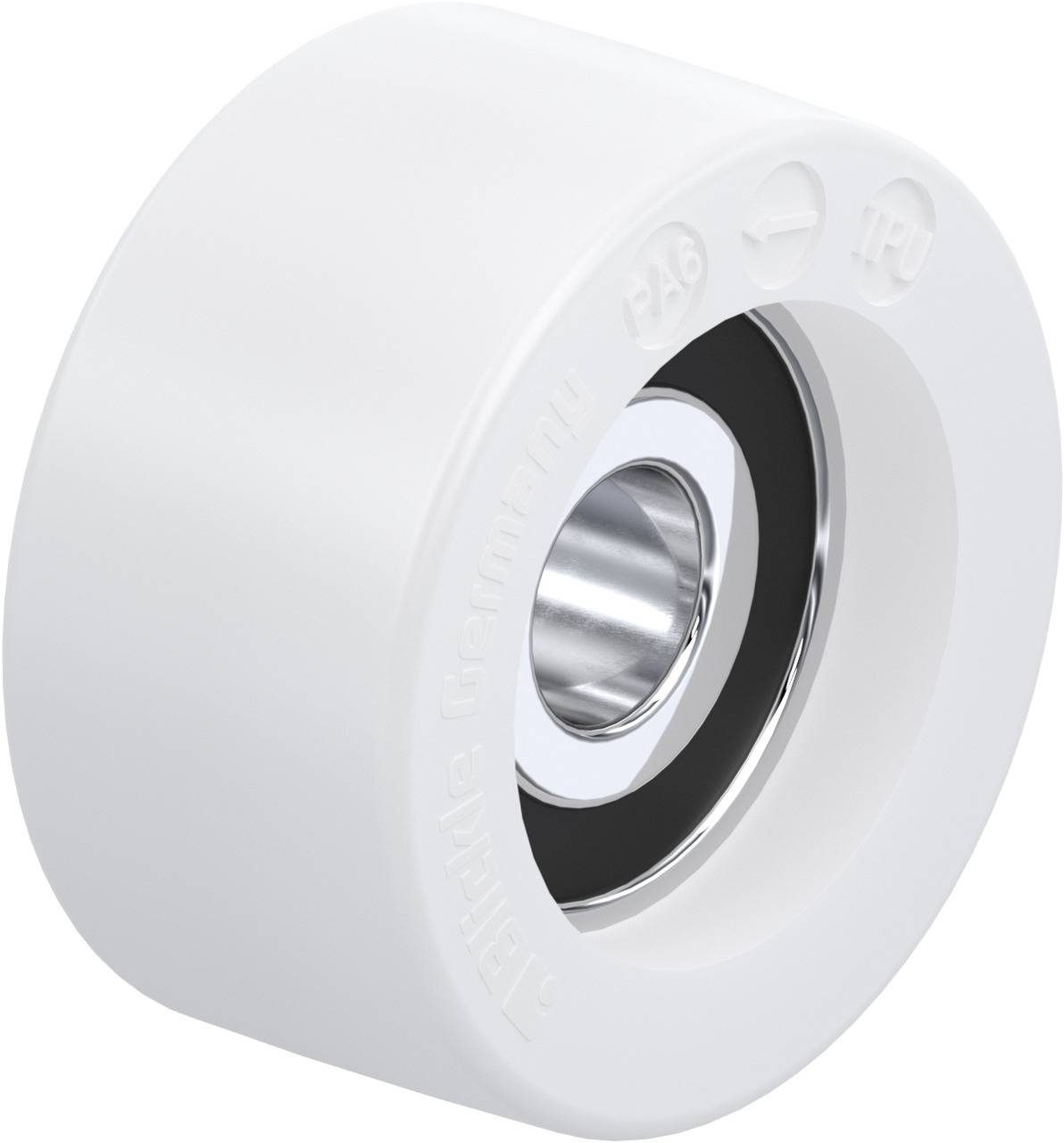 Bílý váleček s kuličkovým ložiskem ze stříbrného kovu, označený štítky 'PA6' a 'TPU', vhodný pro technické aplikace.