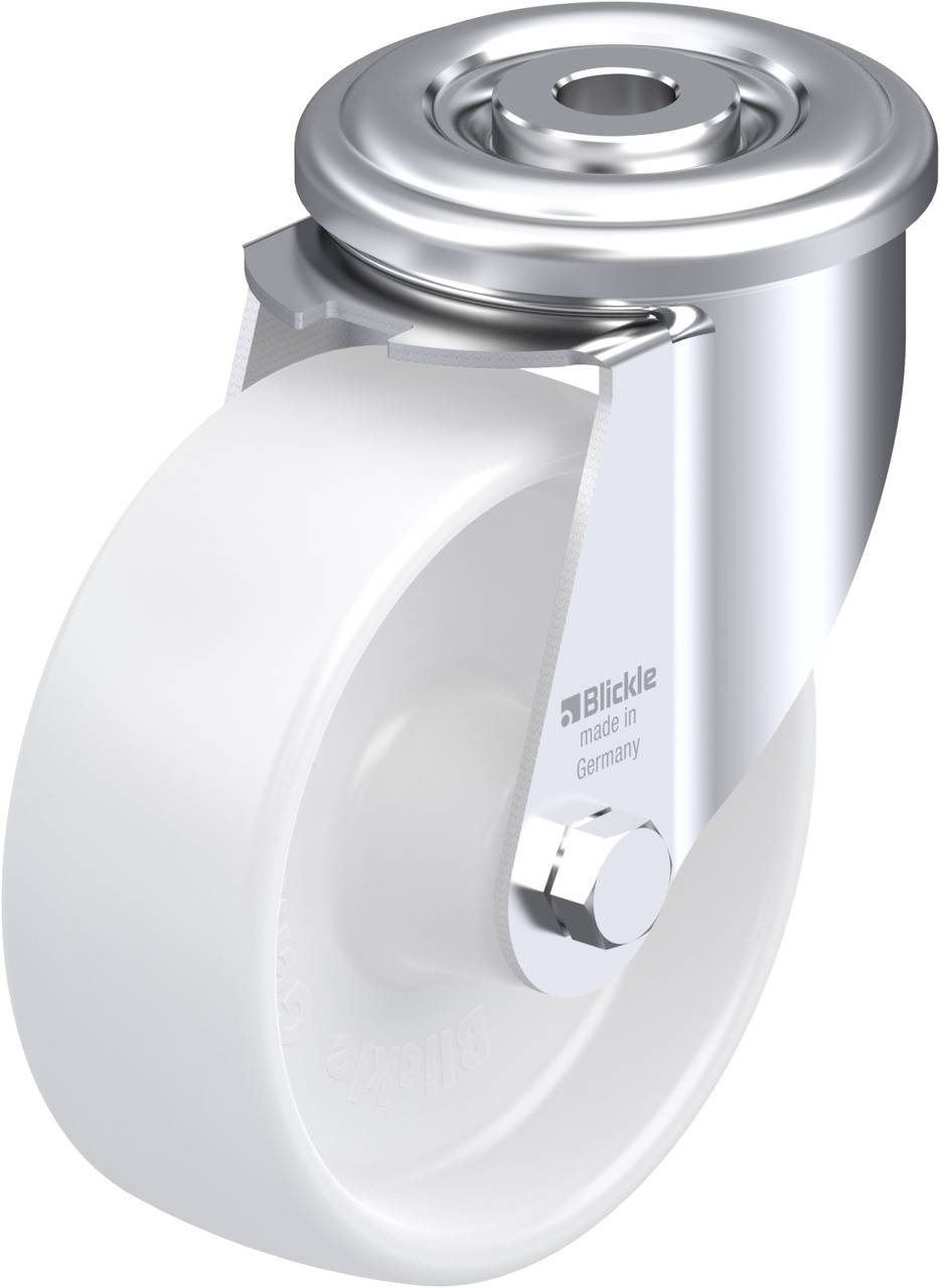 Kloubové kolečko z nerezové oceli s bílým kulatým kolem. Je navrženo pro průmyslové použití a ukazuje produktový design společnosti Blickle.
