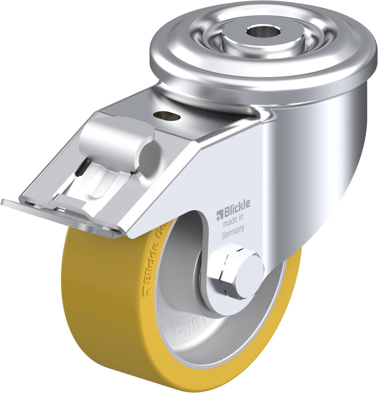Kovové otočné kolečko s žlutým kolem, bočním fixačním mechanismem a nápisem 'Blickle made in Germany'.