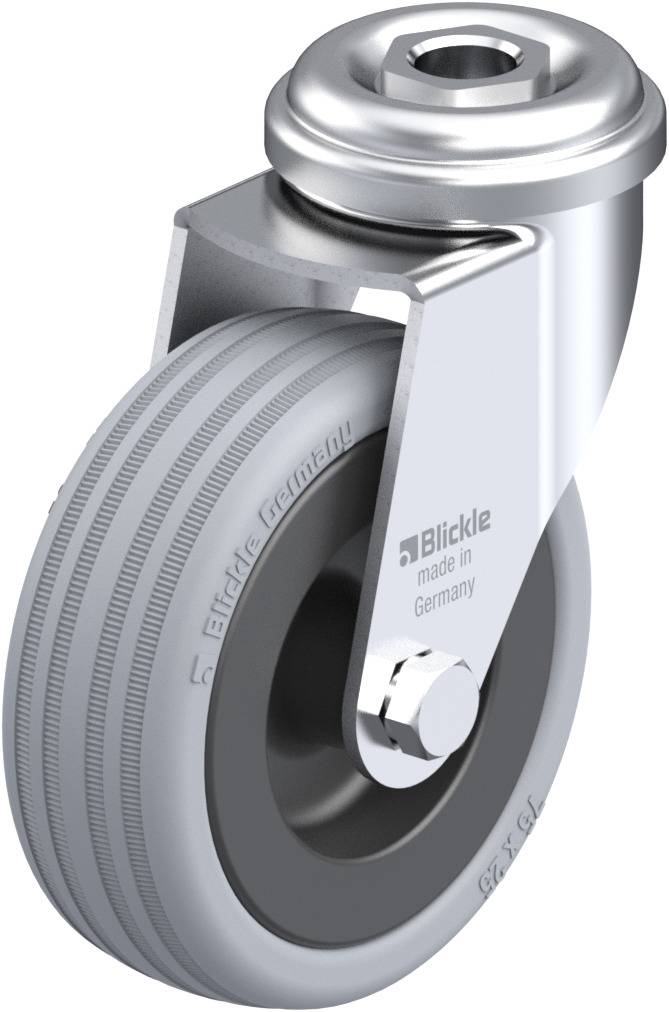 Otočné kolečko v kovovém pouzdře s šedou pneumatikou a kuličkovým ložiskem, označené nápisem 'Blickle made in Germany'.