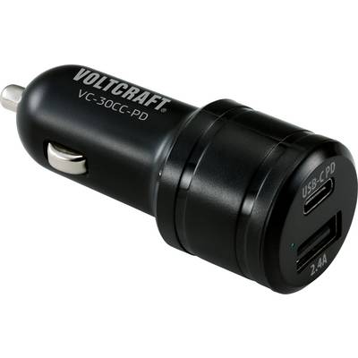 Černá automobilová nabíječka od Voltcraftu s USB-C a USB-A porty. Model s číslem 'VC-30CC-PD' vytištěným na povrchu.
