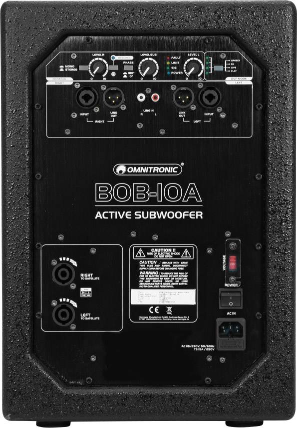 Zadní strana aktivního subwooferu Omnitronic BOB-10A s ovládacími prvky a připojeními.