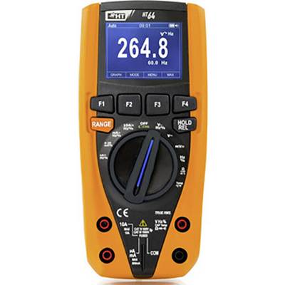 Multimetr v oranžové barvě s digitálním displejem zobrazuje '264,8 V' a '69,0 Hz'. Funkce pro měření napětí, odporu a frekvence.