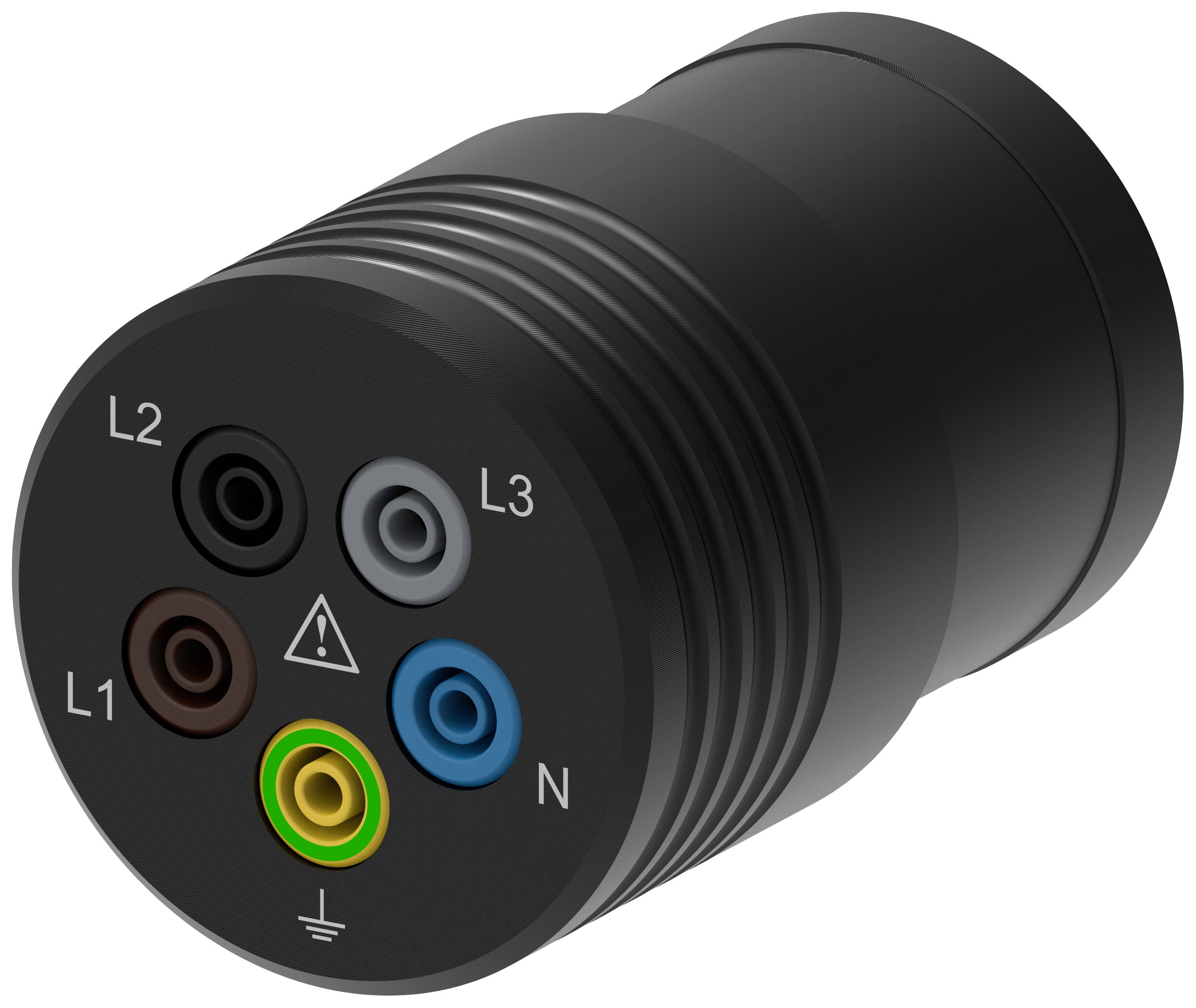 Kulatá elektrická zástrčka s pěti barevně kódovanými svorkami: L1 (hnědá), L2 (černá), L3 (šedá), N (modrá), uzemnění (zeleno-žlutá).