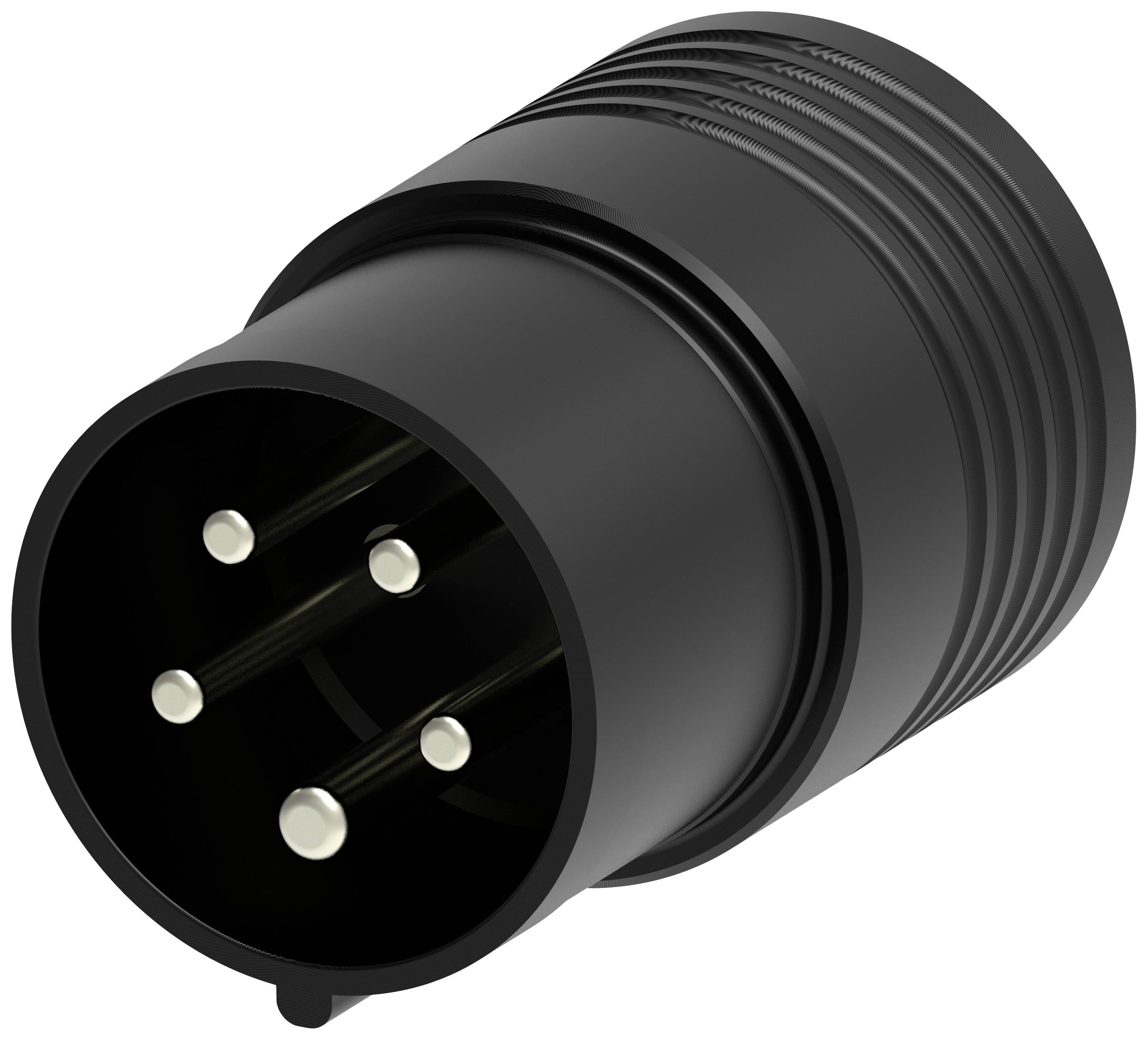 Černý elektrický konektor s několika kovovými kolíky pro průmyslové aplikace.